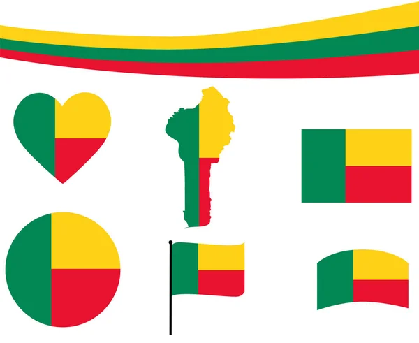 Benin Flagge Karte Band Und Herz Ikonen Vektor Illustration Abstrakte — Stockvektor