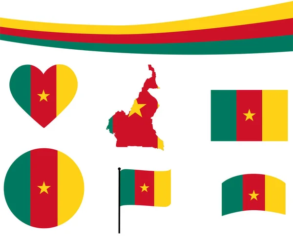 Kamerun Zászló Térkép Szalag Szív Ikonok Vektor Illusztráció Kivonat Nemzeti — Stock Vector