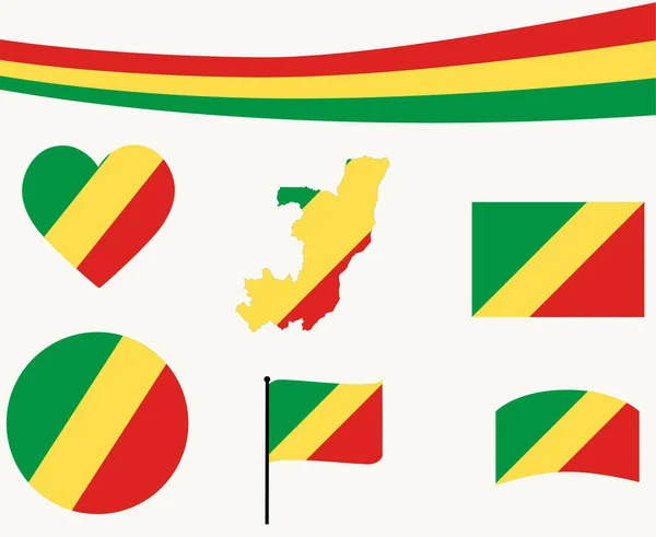 Republik Congo Flaggan Karta Band Och Hjärta Ikoner Vektor Illustration — Stock vektor