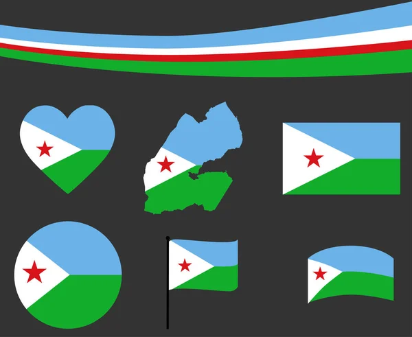 Džibutská Vlajka Mapa Stuha Srdce Ikony Vektorové Ilustrace Abstraktní Kolekce — Stockový vektor