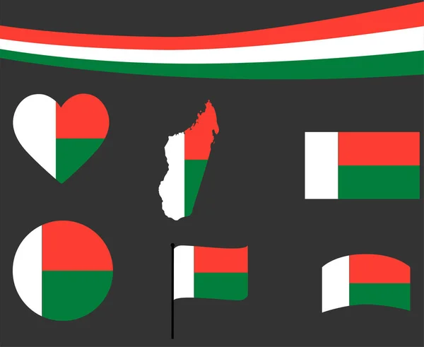Мадагаскарский Флаг Карта Ленты Сердца Иконки Векторные Иллюстрации Абстрактные Национальные — стоковый вектор