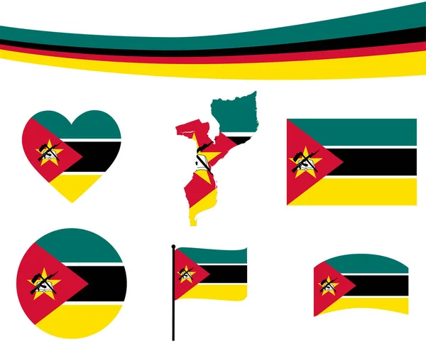 Mapa Bandeira Moçambique Fita Ícones Coração Ilustração Vetorial Abstract National — Vetor de Stock