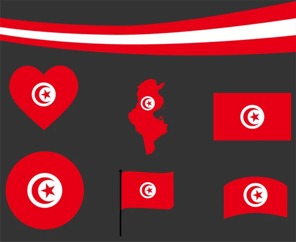 Tunísia Mapa Bandeira Fita Ícones Coração Ilustração Vetorial Abstract National — Vetor de Stock