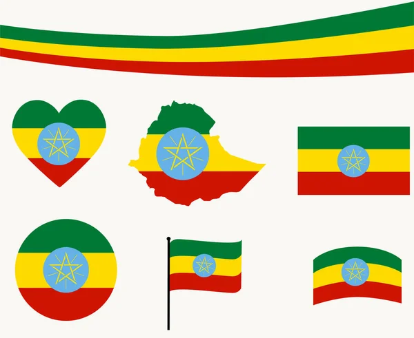 Etiopien Flagga Karta Band Och Hjärta Ikoner Vektor Illustration Sammanfattning — Stock vektor