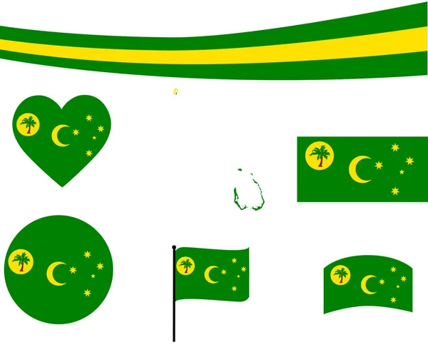 Cocos Eilanden Vlag Kaart Lint Hart Pictogrammen Vector Illustratie Kort — Stockvector