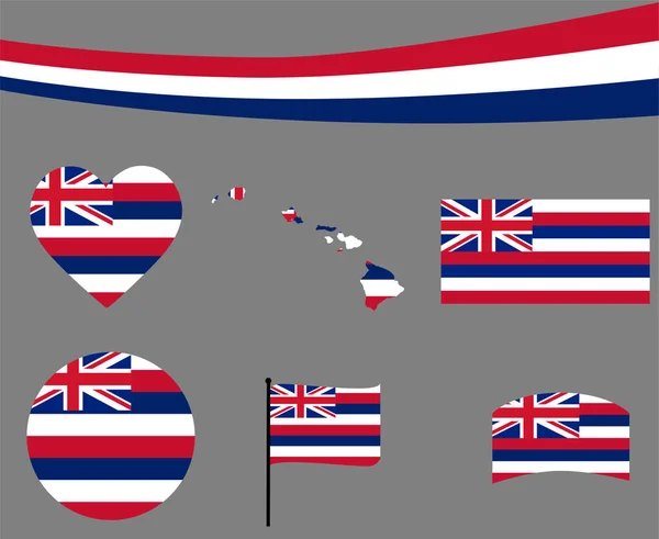 Flaga Hawajska Mapa Wstążka Ikony Serca Ilustracja Wektorowa Streszczenie Kolekcja — Wektor stockowy