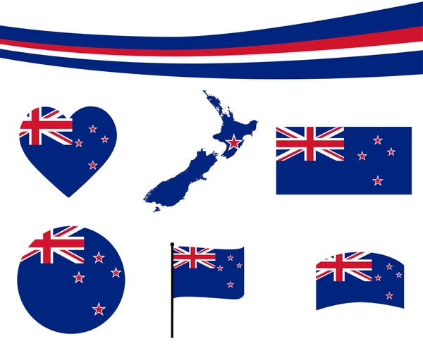 Ruban Carte Drapeau Nouvelle Zélande Icônes Coeur Illustration Vectorielle Résumé — Image vectorielle