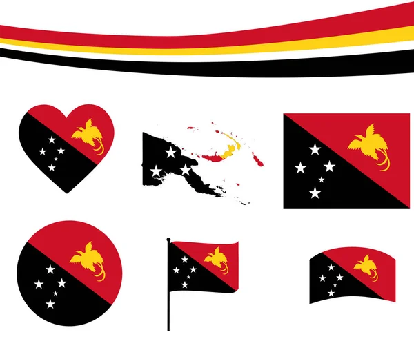 Papua Nya Guinea Flagga Karta Band Och Hjärta Ikoner Vektor — Stock vektor