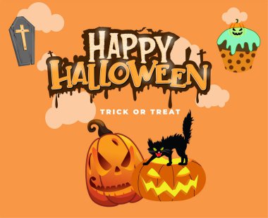 31 Ekim Cadılar Bayramı Tatil Tasarım Partisi Balkabağı Turuncu Mezar Ürkütücü Karanlık Kedi ve Şeker