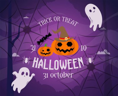 Cadılar Bayramı 'nız kutlu olsun Balkabağı Vektör Hilesi veya Yarasa ve Hayalet Örümcek İkramı