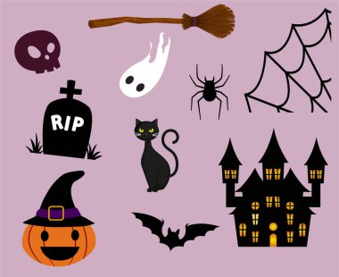 Nesneler soyut Cadılar Bayramı Arkaplan Vekili Balkabağı ya da Kedi Yarasası ve Mezarı Örümcek Kalesi ile Tedavi Etme Numarası