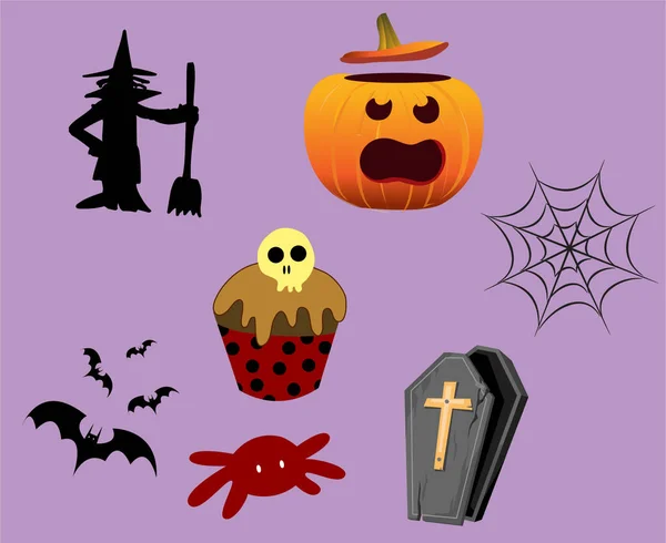 南瓜物品万圣节10月31日烛光蜘蛛蝙蝠黑色和墓葬派对设计 — 图库矢量图片