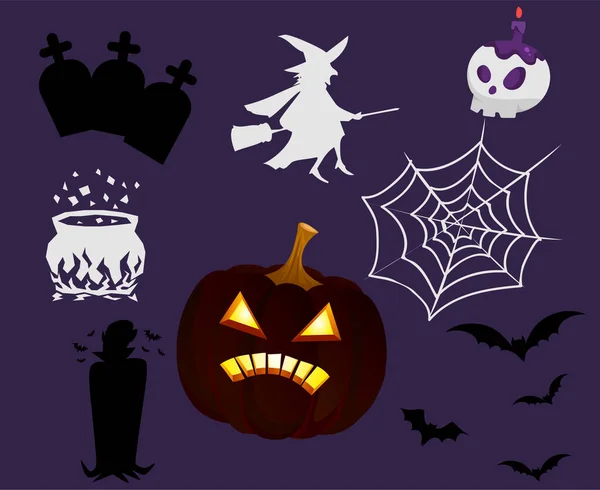 Objets Halloween Arrière Plan Vectoriel Tombeau Citrouille Avec Spider Bat — Image vectorielle