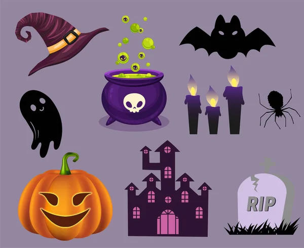 Objecten Halloween Vleermuis Geest Scheuren Graf Vector Pompoen Truc Trakteer — Stockvector