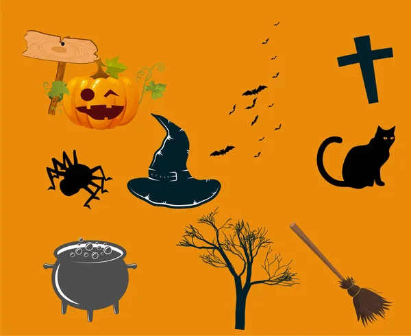 Trick Abstrait Traiter Happy Halloween Pumpkin Horror Spider Objects Chat — Image vectorielle