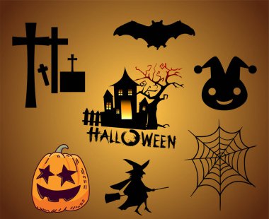 Soyut Nesneler Cadılar Bayramı 31 Ekim 'de Karanlık Resimler Balkabağı Yarasası ve Mezar Vektörü