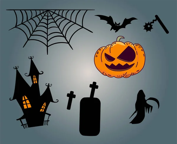 Conception Halloween Jour Octobre Objets Tombeau Illustration Araignée Chauve Souris — Image vectorielle