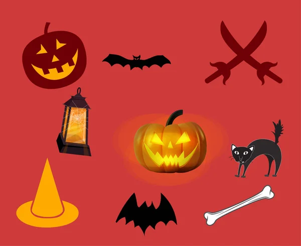 Abstract Design Halloween Day Ottobre Evento Oggetti Scuri Cat Bat — Vettoriale Stock