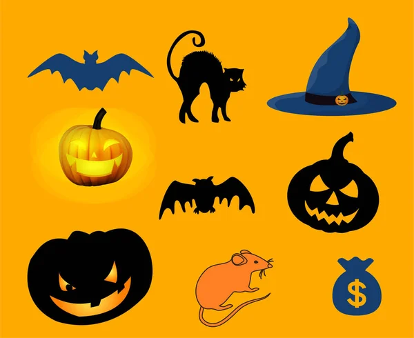 Oggetti Astratti Halloween Giorno Ottobre Cat Bat Chapeau Illustrazione Scura — Vettoriale Stock