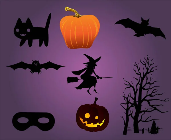 Resumen Felices Fiestas Halloween Vector Objetos Gato Murciélago Fantasma — Vector de stock
