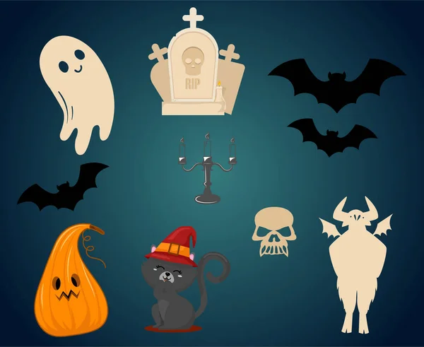 Resumen Octubre Halloween Vacaciones Diseño Objetos Murciélago Fantasma Tumba Calabaza — Vector de stock