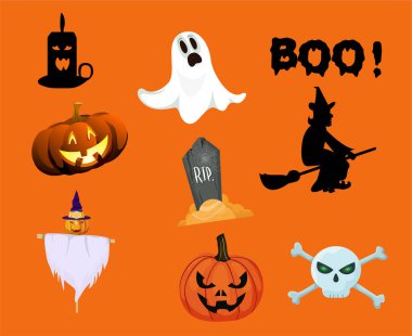 Soyut Tasarım Cadılar Bayramı 31 Ekim Nesneleri Mezar Kazma ve Hayalet Kabak Vektörü