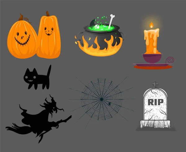 Objets Octobre Halloween Araignée Tombe Déchirure Chat Fête Conception Vacances — Image vectorielle