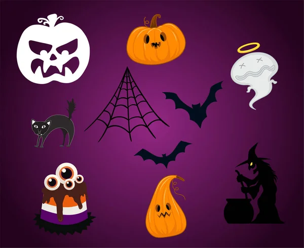 Ekim Cadılar Bayramı Nesneleri Yarasa Örümcek Kedi Tasarım Partisi Balkabağı — Stok Vektör