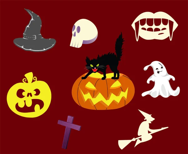 Objecten Ghost Design Halloween Dag Oktober Kattenillustratie Pompoen Vector — Stockvector