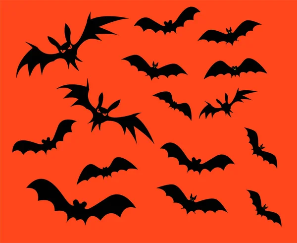 Bats Black Objects Signs Symbols Vector Illustration Orange Background — 스톡 벡터