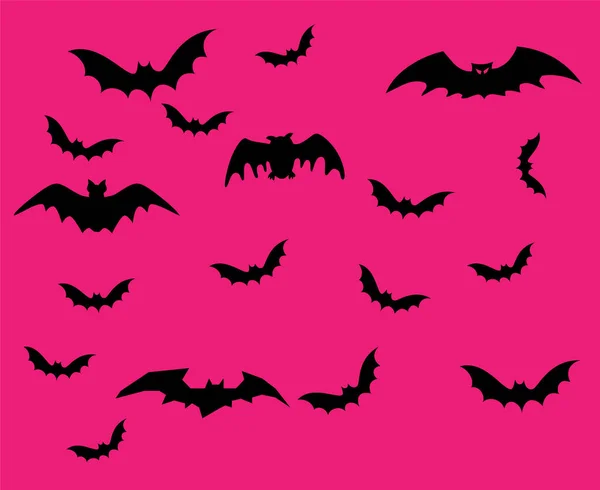 Fledermäuse Schwarze Objekte Zeichen Symbole Vektor Illustration Mit Rosa Hintergrund — Stockvektor