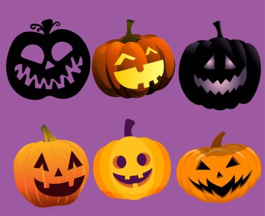 Balkabağı Cadılar Bayramı Nesneleri Semboller Vektör İllüzyonunu Mor Arkaplan Özeti İşaretledi