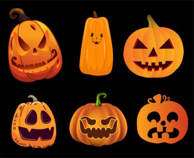 Balkabağı Cadılar Bayramı Nesneleri Simgeler Vektör İllüzyonu Kara Arkaplan Özeti