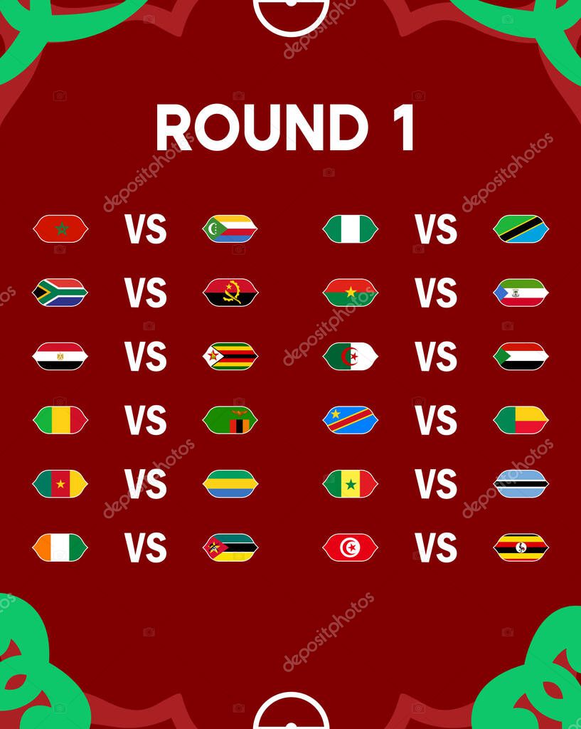 African Nations Morocco 2025 Matches Round 1 Teams Flags Countries African Football Logo Design Vector Illustration