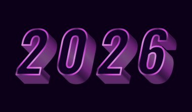 2026 Mutlu Yıllar 3D Mor Gerçekçi Renk Tasarımı Soyut Sembol Vektör İllüstrasyon Arkaplanı