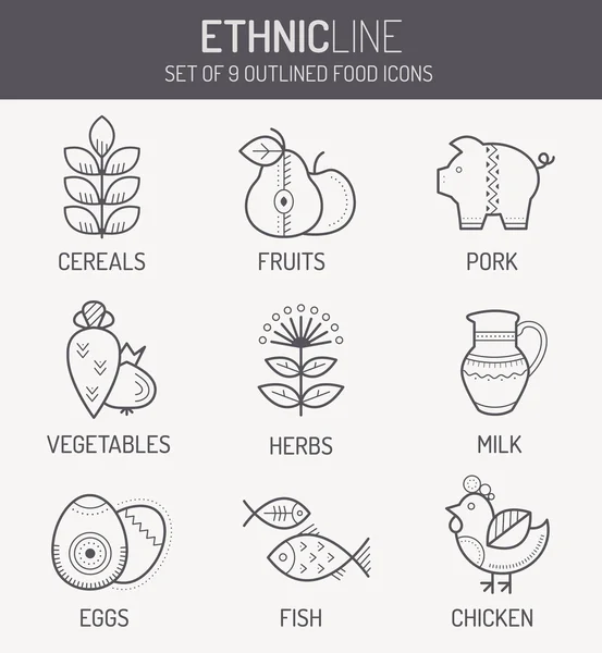 Iconos de alimentos monocromáticos en estilo étnico lineal — Vector de stock