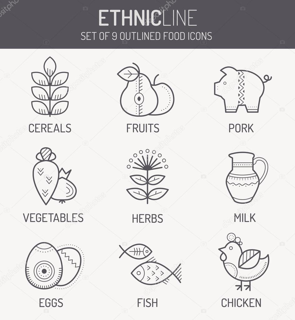 Monochrome  food icons in linear ethnic style