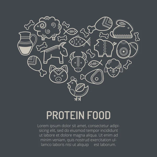 Ilustración vectorial con iconos de alimentos delineados formando una forma de corazón — Vector de stock