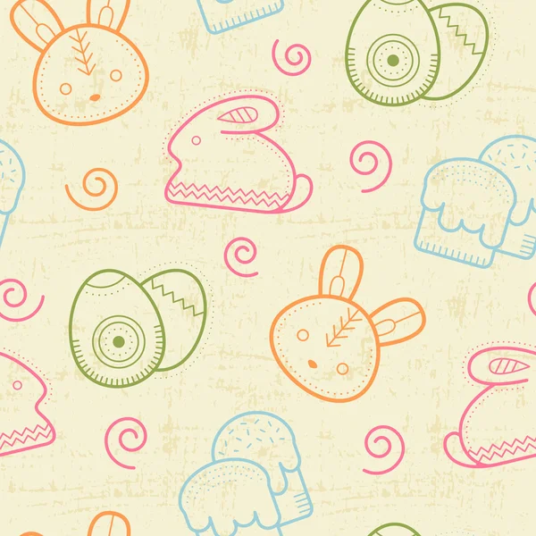 无缝复活节模式概述的复活节兔子、 彩蛋与 · 西姆内尔蛋糕 — 图库矢量图片
