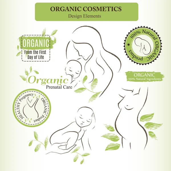 Organic Cosmetics Design elements with contoured pregnant women and newborn babies — Stock Vector