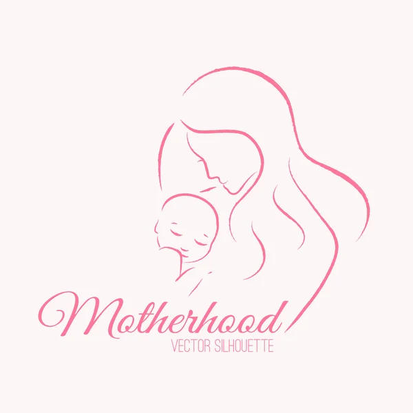 Elegante moeder en baby silhouet in een lineaire schets stijl — Stockvector