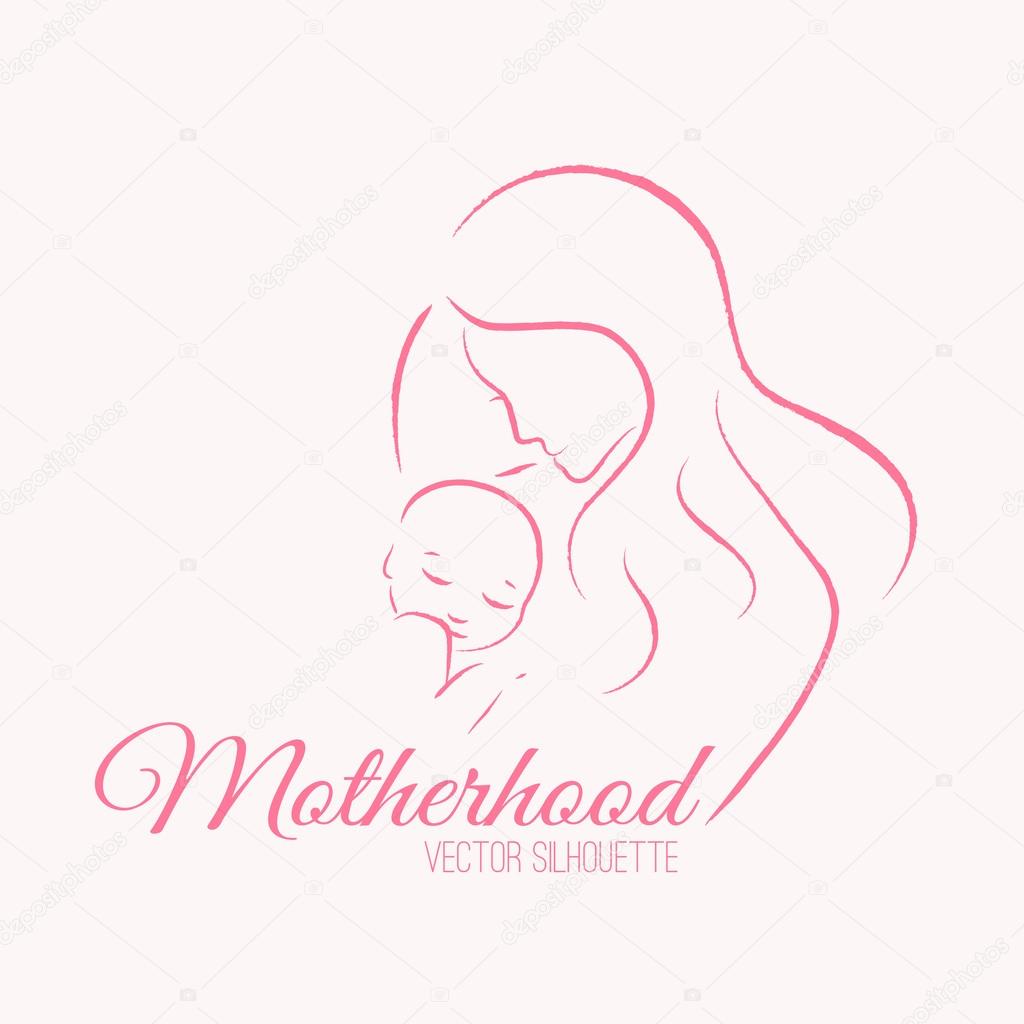 Elegant mother and baby silhouette in a linear sketch style
