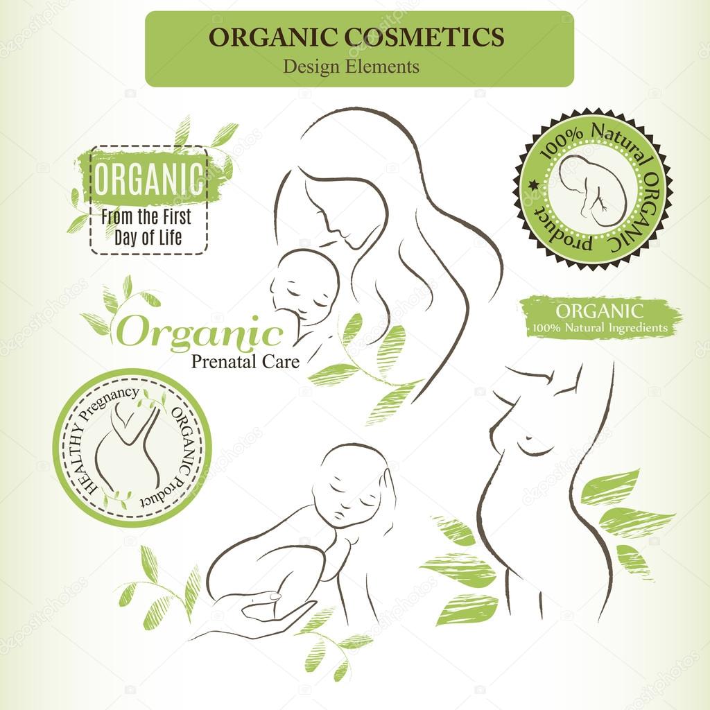 Organic Cosmetics Design elements with contoured pregnant women and newborn babies