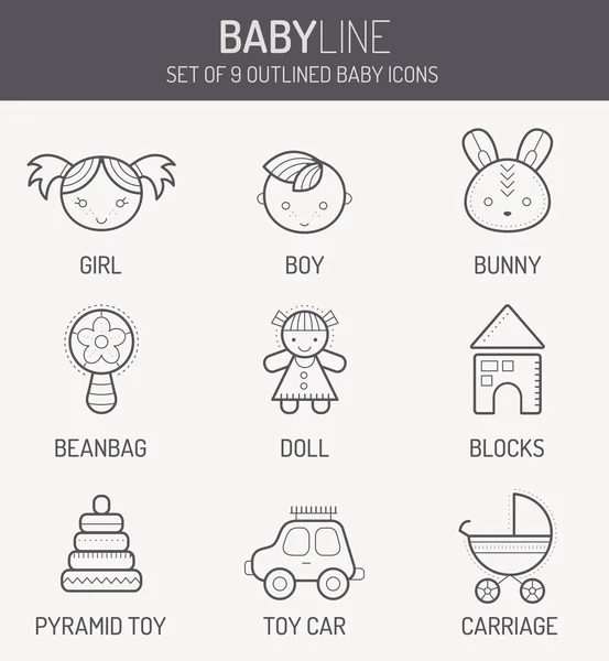 Iconos monocromáticos para bebés en estilo lineal — Vector de stock