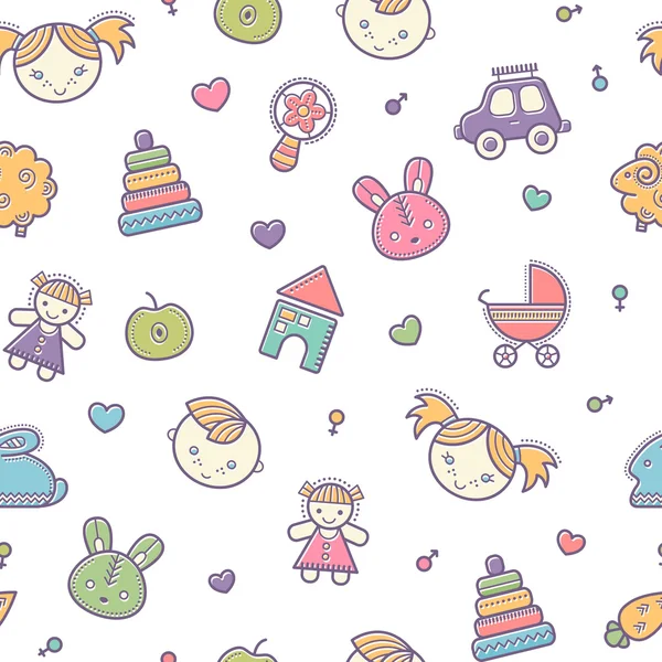 Seamless baby pattern with colorful babyish elements — Stock Vector
