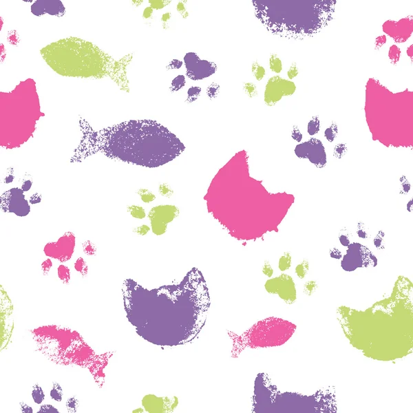 Vector seamless pattern with paw footprints, cat's muzzles and fish — Stock Vector
