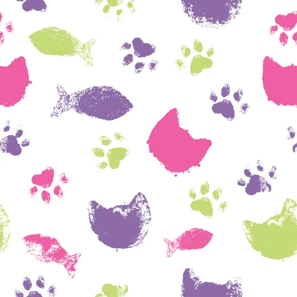 stock vector Vector seamless pattern with paw footprints, cat's muzzles and fish