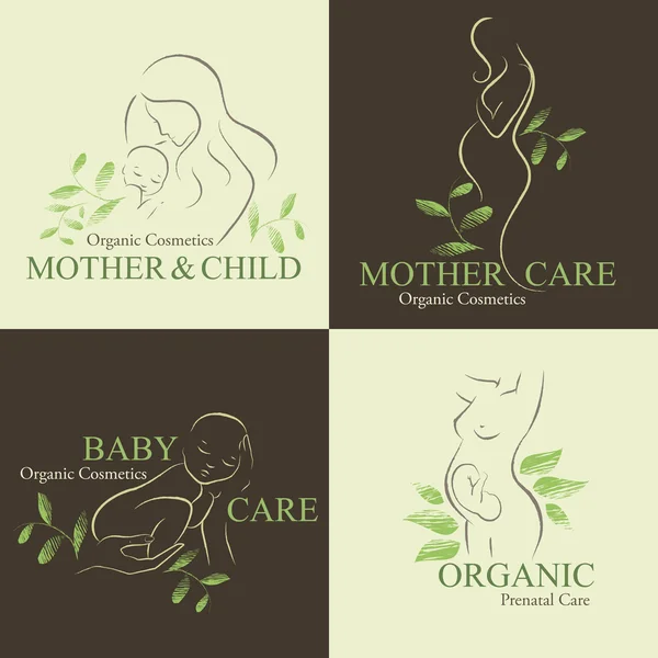 Organic Cosmetics Design elements with contoured pregnant women and newborn babies — Stock Vector