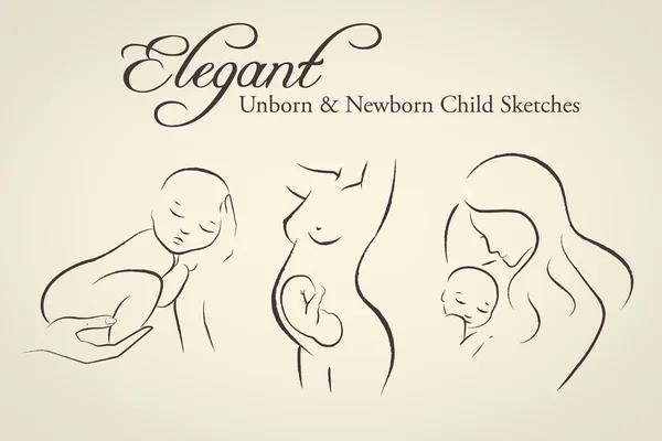Conjunto de elegantes siluetas de mujer embarazada y niño recién nacido — Vector de stock