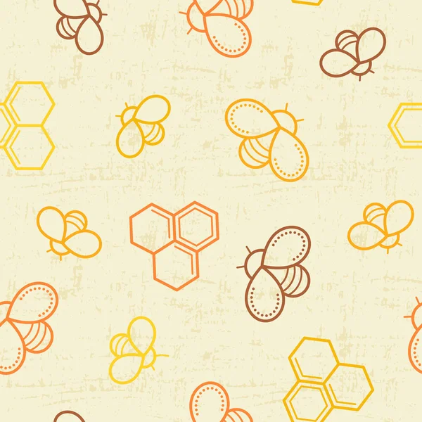 Patrón de miel sin costuras con abejas y células de miel delineadas — Archivo Imágenes Vectoriales